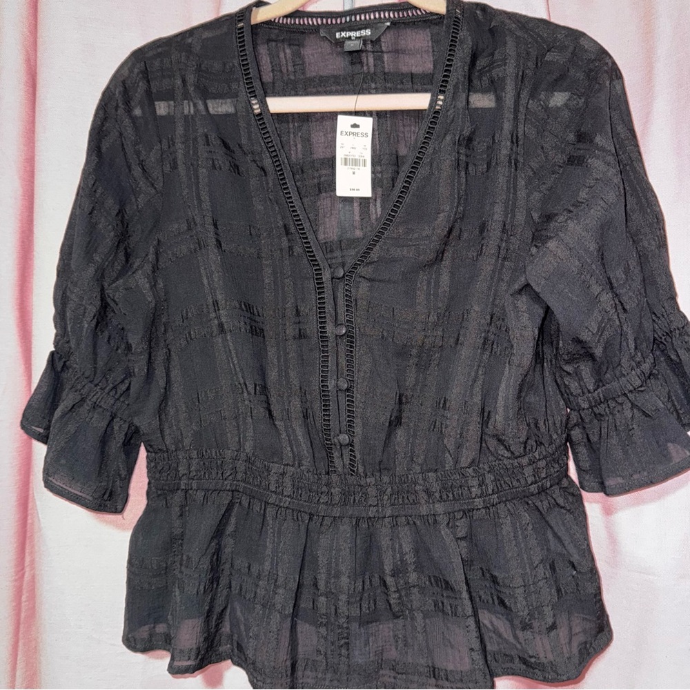 Express Black Textured V-Neck Peplum Blouse